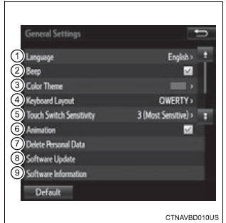 Toyota Highlander. Screen for general settings